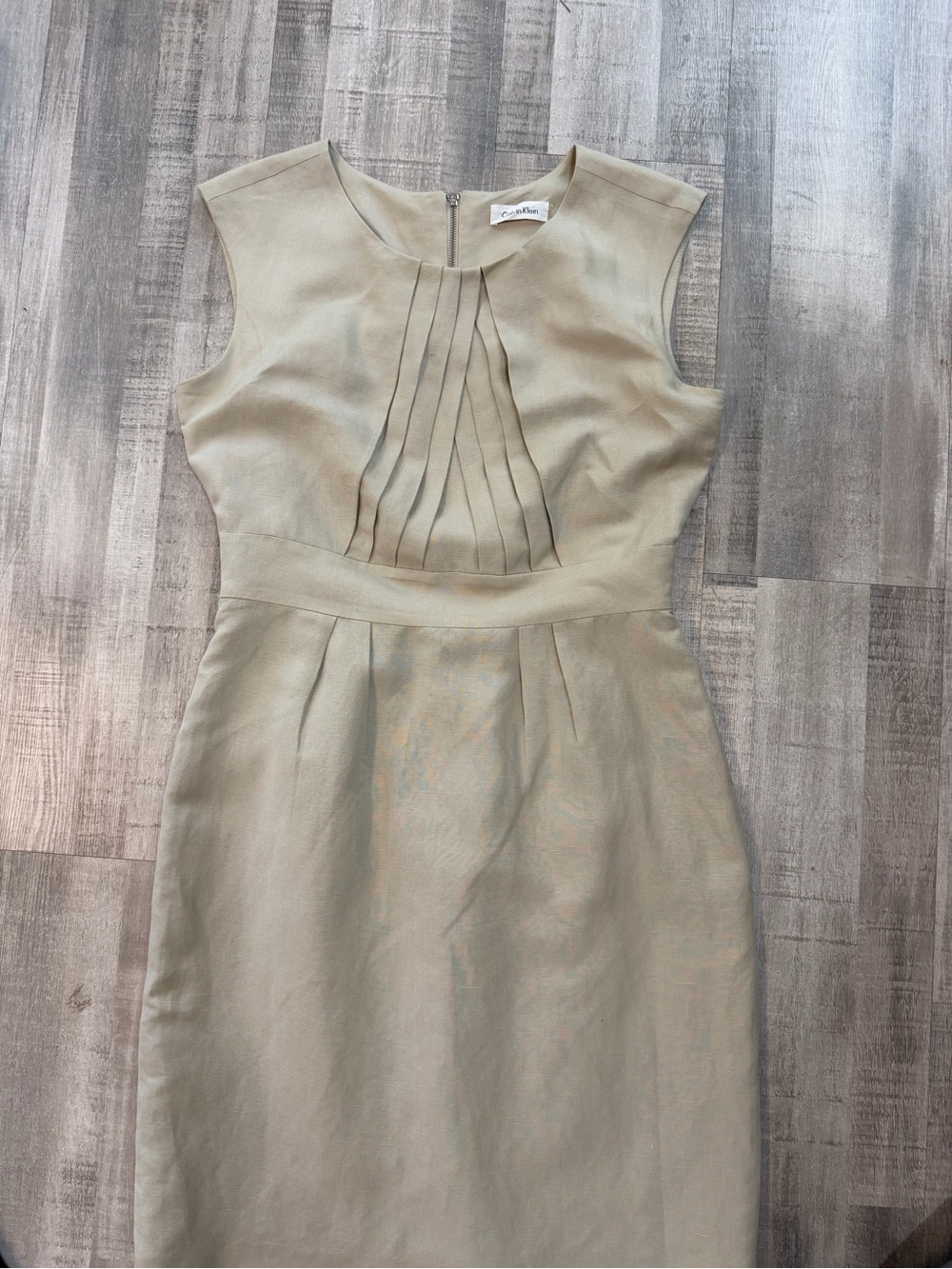 Calvin Klein Dress Womens 8 Beige Linen Rayon Pleated Sheath Career Lined